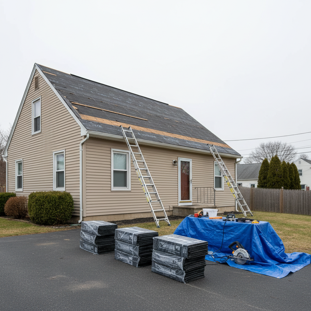 A realistic photographic scene of a typical Rhode Island home during a contractor visit check, focusing on the work area outside. In the foreground, neatly stacked bundles of shingles and covered tools sit on a driveway beside a non-luxury, tan vinyl-sided house. A section of roof is partially stripped, with tar paper visible, while ladders rest securely against the eaves. Overcast daylight provides even, shadowless lighting ideal for documentation. The background includes a simple backyard with a wooden fence and a few shrubs. The mood is organized and professional, with an eye-level, wide composition that clearly records project progress, site tidiness, and the home’s exterior condition.