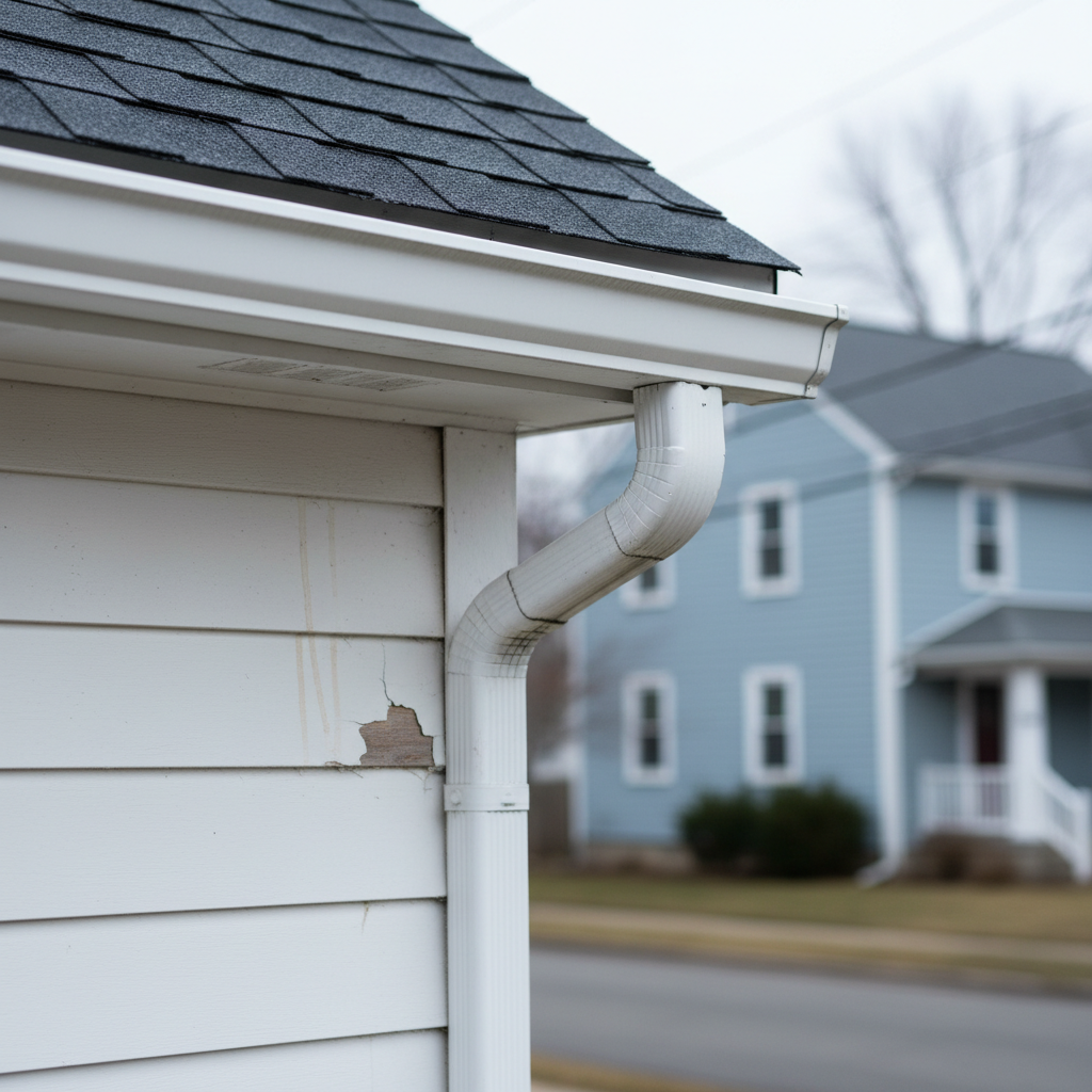 A detailed, close-up exterior inspection shot of a typical Rhode Island house corner, in realistic photographic style. The image focuses tightly on a white gutter and downspout junction, roof edge with asphalt shingles, and the top of the clapboard siding where a small section of peeling paint and minor water staining is visible. Cool, diffused daylight from an overcast sky highlights surface imperfections without glare. In the blurred background, a modest neighboring home and bare tree branches suggest a suburban setting. The composition uses shallow depth of field to keep the problem area sharply in focus, conveying a precise, professional property check documenting maintenance issues.