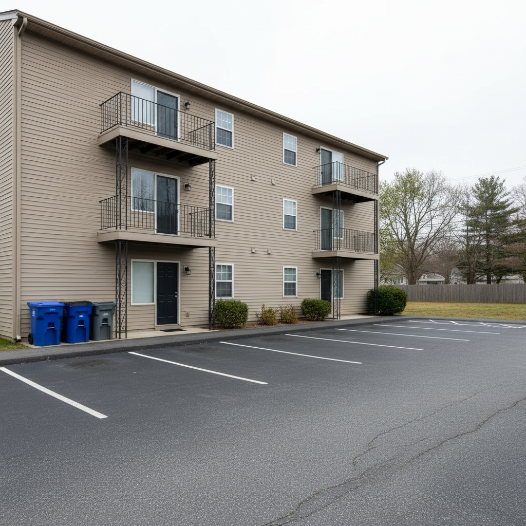 A wide, eye-level photographic view of a small Rhode Island apartment building’s rear parking and access area during a routine property check. The tan, three-story structure has simple balconies, standard entry doors, and a paved lot with clearly marked parking spaces. A few trash and recycling bins are lined up neatly beside the building, and exterior lighting fixtures are mounted near each door, turned off in daylight. The lighting is bright but slightly diffused, as if on a clear but mild day, ensuring sharp visibility of surfaces and surroundings. The mood is neutral and businesslike, with a balanced composition designed to document condition, access points, and overall upkeep.