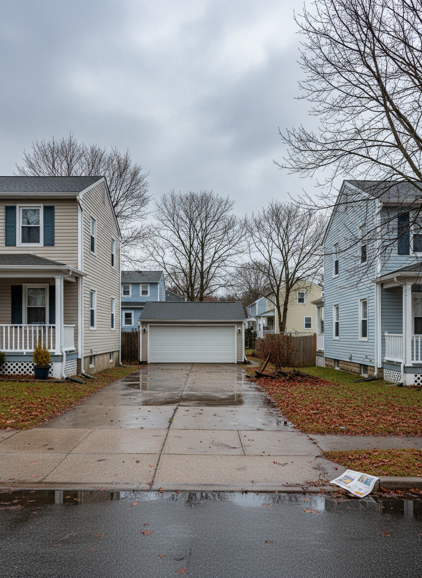 A typical Rhode Island coastal neighborhood street after a storm, photographed in realistic detail. Mid-range homes with vinyl siding and simple front porches line both sides, their yards dotted with wet fallen leaves and small branches. The foreground shows a close view of a driveway, siding, and foundation, highlighting puddles near the garage door and damp marks on the concrete. The sky is heavy and gray, with diffused, cool light providing even illumination. The mood is calm and observant, focused on documenting conditions. Shot from a slightly elevated angle to capture rooflines, gutters, and nearby trees, with sharp focus throughout to support a thorough visual storm check.