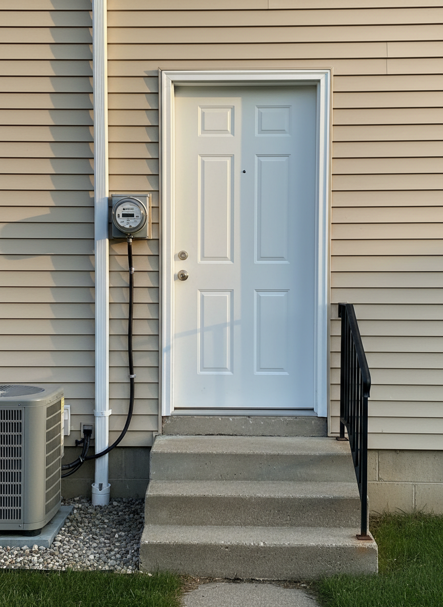 A close, detailed photographic view of a typical Rhode Island home’s side entrance and exterior systems during a property check. The subject is beige vinyl siding with a standard white exterior door, concrete steps, a metal handrail, and adjacent utilities: an electric meter, AC condenser, and downspout. Soft late-afternoon natural light creates gentle highlights and crisp but not harsh shadows, revealing textures in the siding and concrete. The setting includes a narrow strip of lawn and a small gravel area. The mood is precise and methodical, with the composition framed tightly so all key inspection points—door threshold, trim, caulking, and foundation—are clearly documented in photographic realism.