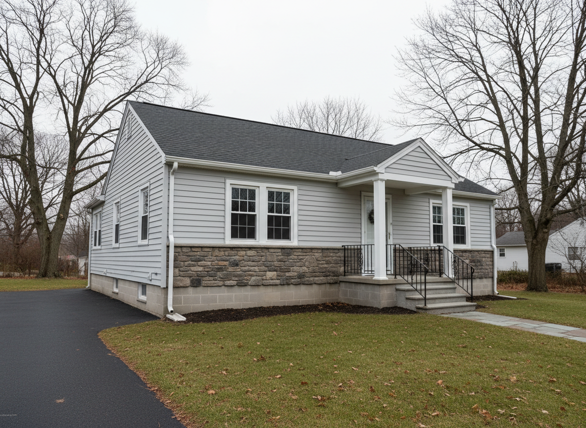 A modest, well-kept Rhode Island single-family home with light-gray clapboard siding and a small front porch, seen from the street at eye level in crisp photographic realism. The camera focuses on the exterior details: gutters, roofline, windows, foundation, and front steps. Overcast daylight creates soft, even lighting with minimal shadows, ideal for inspection. A neatly trimmed lawn and bare trees frame the house, hinting at late fall. The mood is professional and matter-of-fact, emphasizing clarity over drama. The composition uses the rule of thirds, with the house slightly off-center and the driveway and walkway leading the eye toward key areas a property inspector would examine.