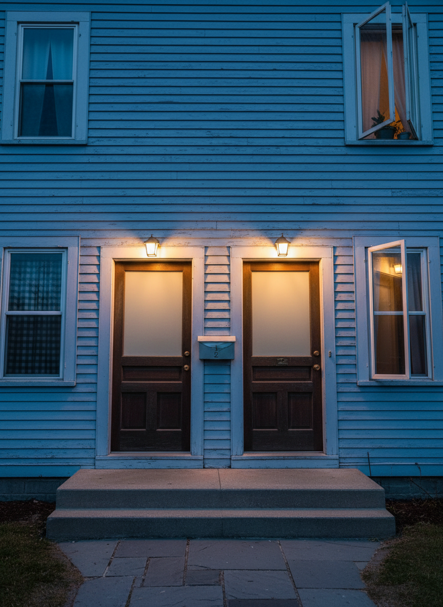 A modest Rhode Island multifamily house, with weathered light-blue clapboard siding, clearly photographed during an occupancy check. Several standard double-hung windows are in view, some with curtains drawn, others open slightly, and a couple of porch lights are illuminated, suggesting possible activity without showing any people. The camera is at street level, angled slightly upward to capture the front façade, entry doors, and mailbox area. Early evening blue-hour light creates a balanced, neutral mood, with soft ambient glow on the siding and clear detail in the walkway and steps. The composition is straightforward and documentary, emphasizing doors, windows, and exterior condition in clean, professional photographic realism.